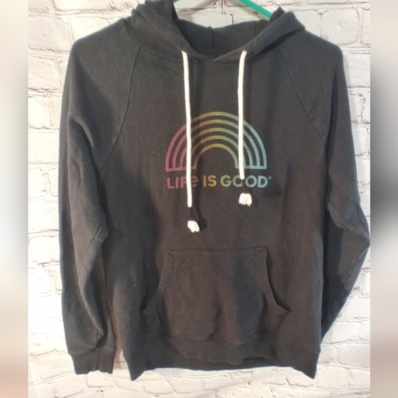 Life Is Good Pullover Black Hoodie Rainbow Graphic M Womens - Picture 1 of 14